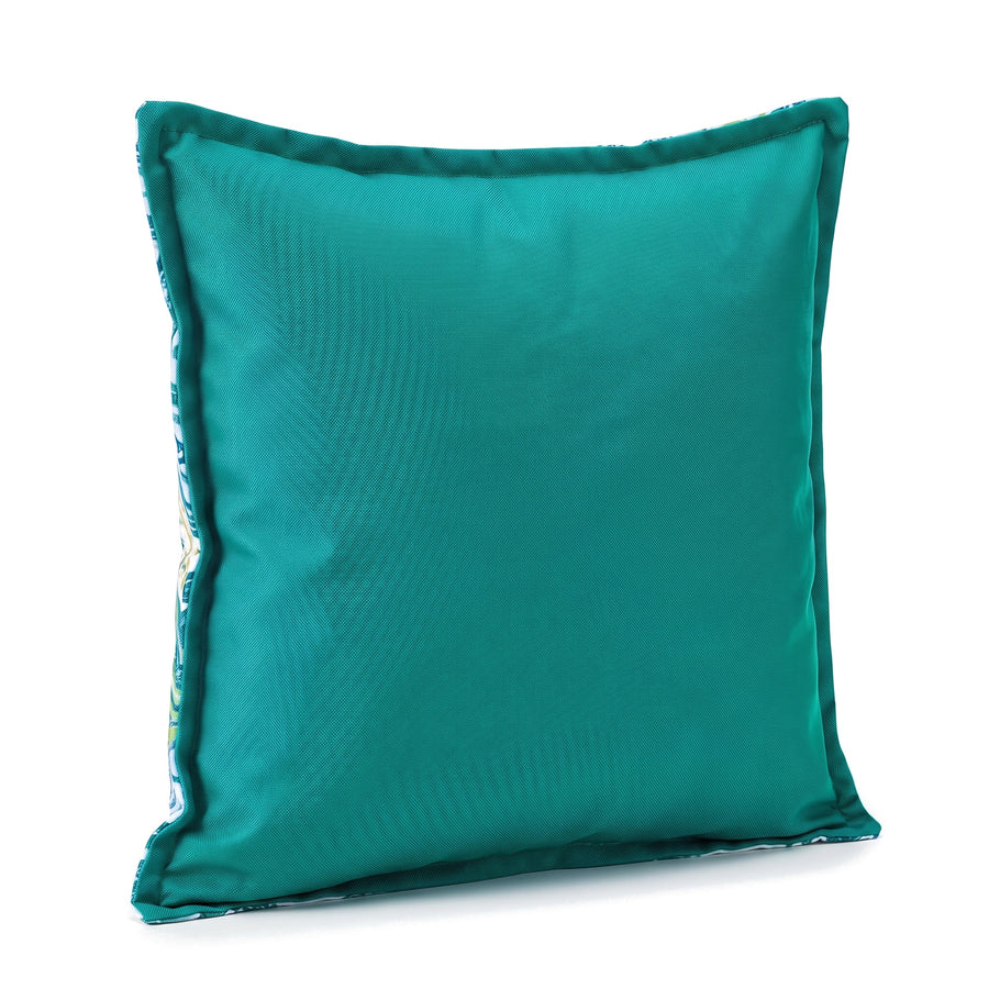 Cojín decorativo 45x45 motivo Abanicos Verdes, reverso verde esmeralda liso