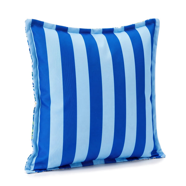 Coussin déco 45x45 motif Feuillage Bleu, verso rayé bleu roi et bleu ciel
