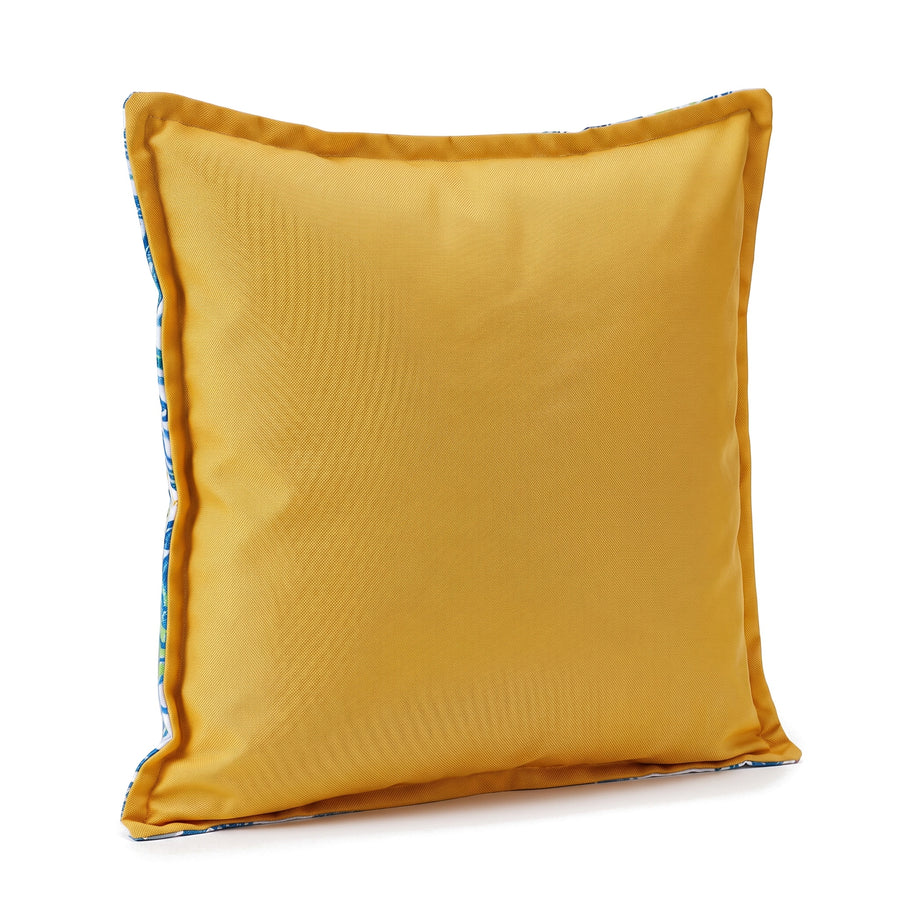 Cojín decorativo 45x45 motivo Rayas Solares, reverso amarillo liso