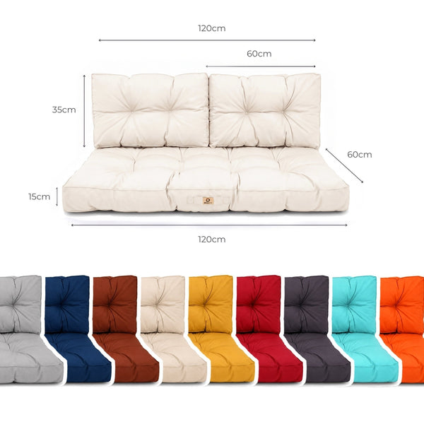Dimensions : assise 120 x 60 cm, 2 dossiers 60 x 35 cm, épaisseur 15 cm, avec les coloris disponibles