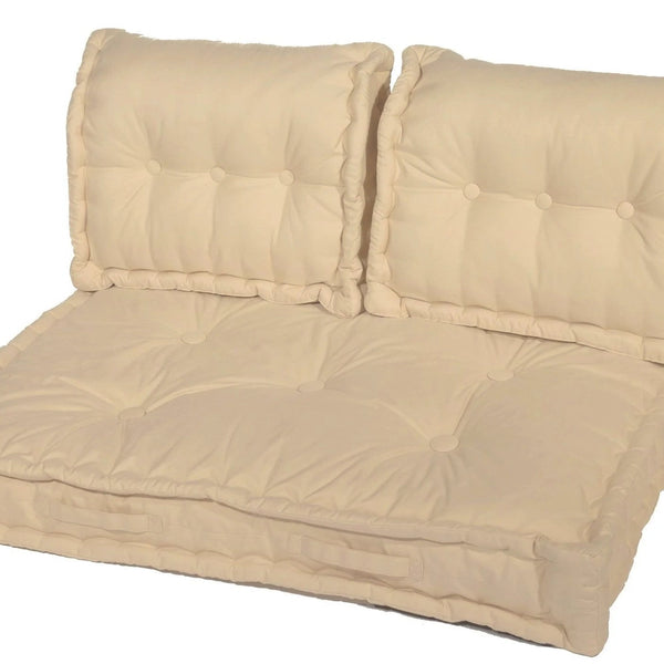 Kit de 3 coussins palette beige clair pour fauteuils et canapés, assise XXL épaisse 20cm, modèle Deco Arts.
