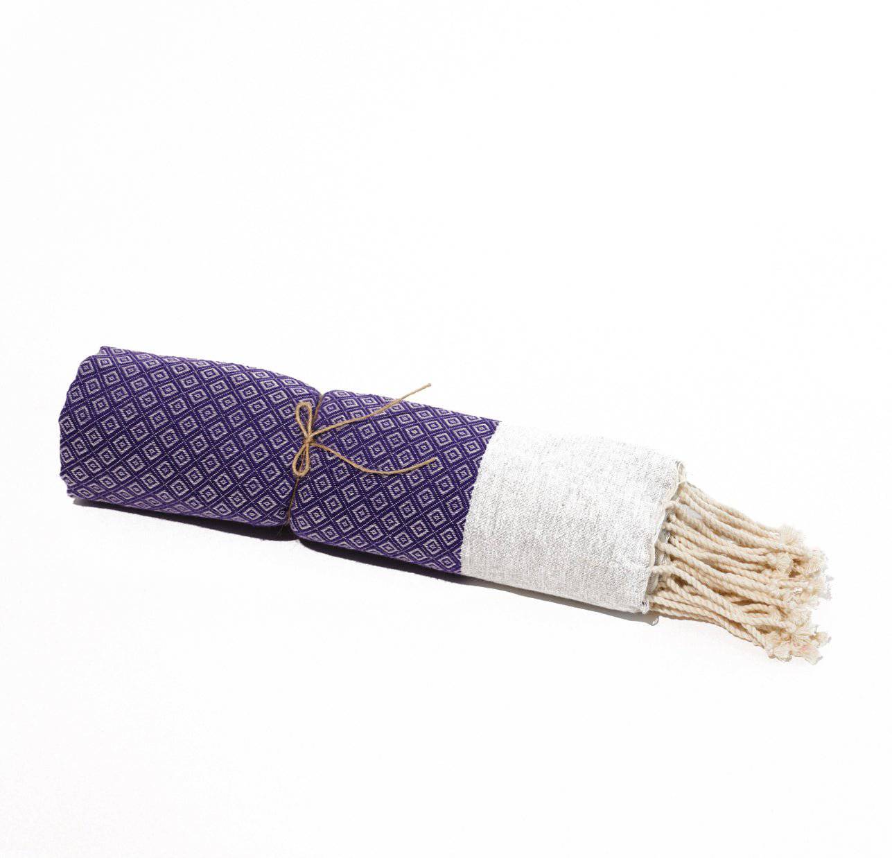 Fouta en coton petit losange 100x200cm violet - Deco-arts.fr