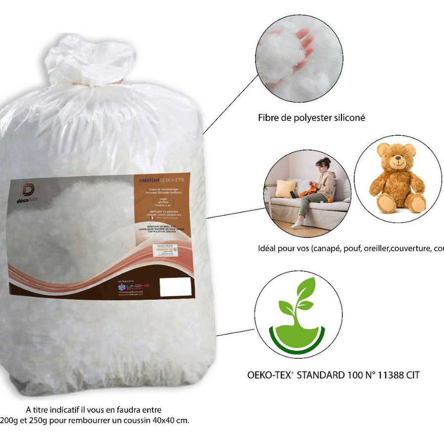 Ouate de rembourrage en fibre polyester siliconée de 1kg, idéale pour coussins, peluches et projets de décoration.
