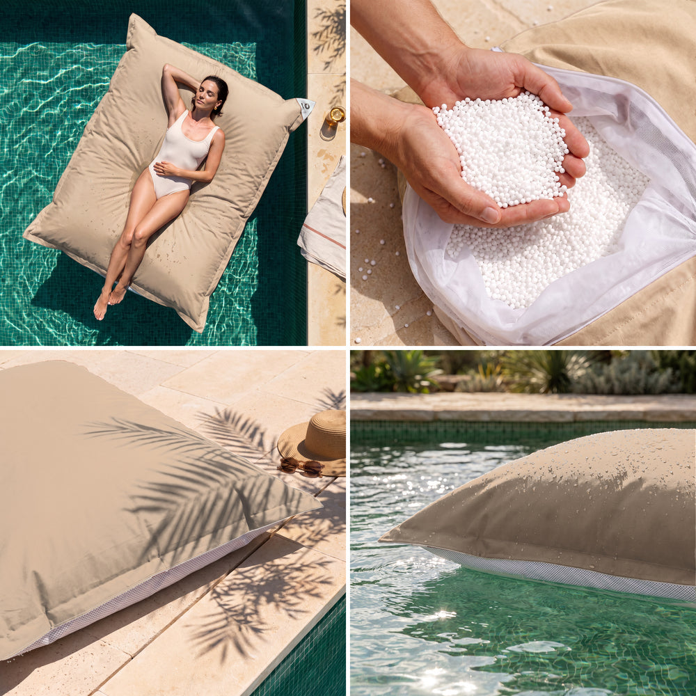 Puf gigante flotante Beige: comodidad, perlas de poliestireno, tejido anti-UV y flotabilidad