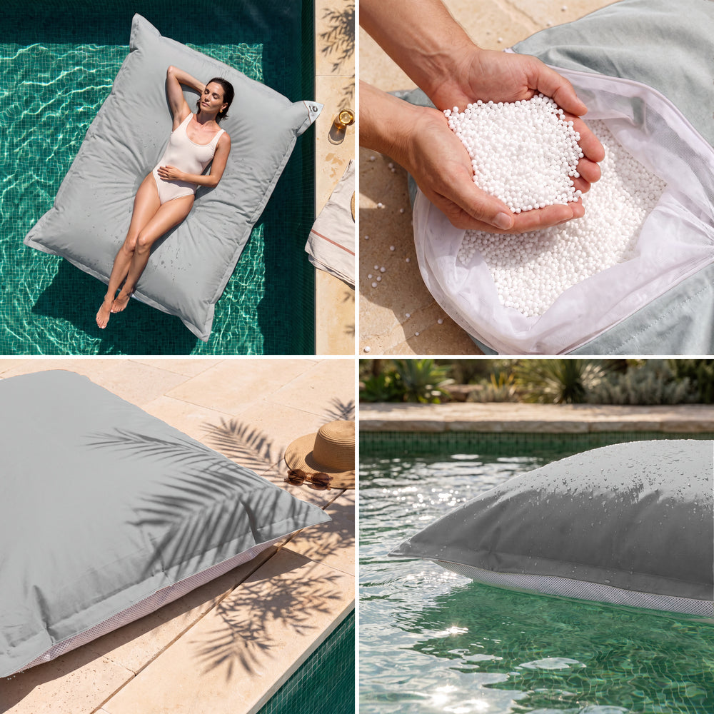Puf gigante flotante Gris Guijarro: comodidad, perlas de poliestireno, tejido anti-UV y flotabilidad