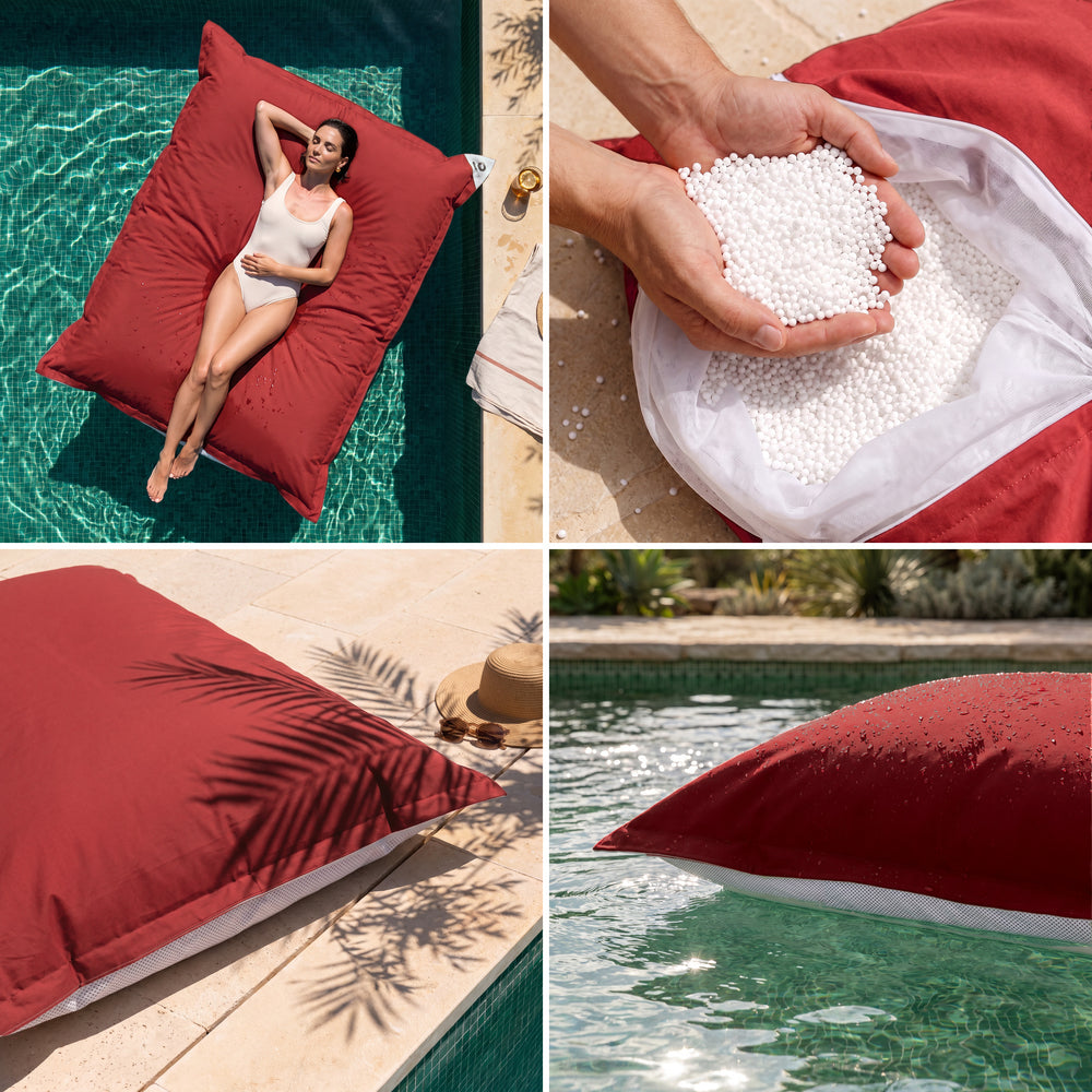 Puf gigante flotante Rojo Pimiento: comodidad, perlas de poliestireno, tejido anti-UV y flotabilidad