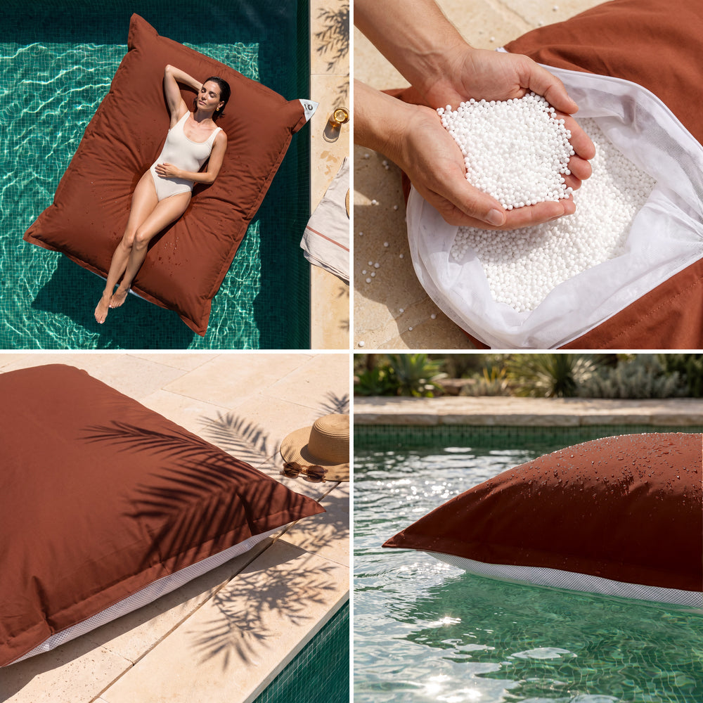 Puf gigante flotante Terracota: comodidad, perlas de poliestireno, tejido anti-UV y flotabilidad