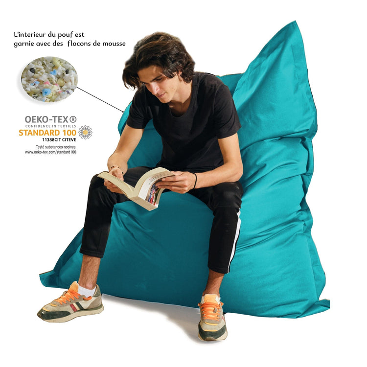 Pouf Géant XXL Intérieur et Extérieur, Déhoussable, Salon, Jardin, Deco Arts Bleu Caraïbes - Deco-arts.fr