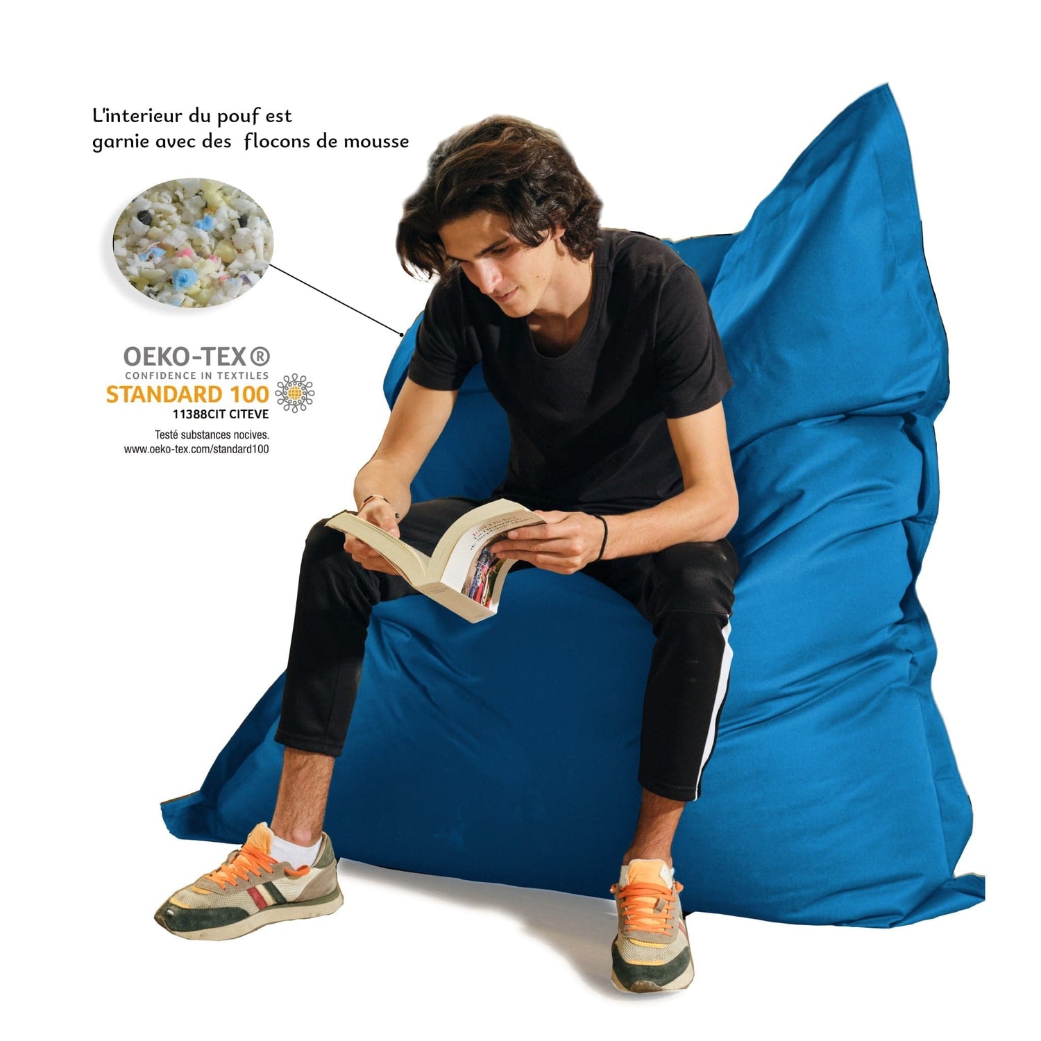 Pouf Géant XXL Intérieur et Extérieur, Déhoussable, Salon, Jardin, Deco Arts Bleu pétrole - Deco-arts.fr