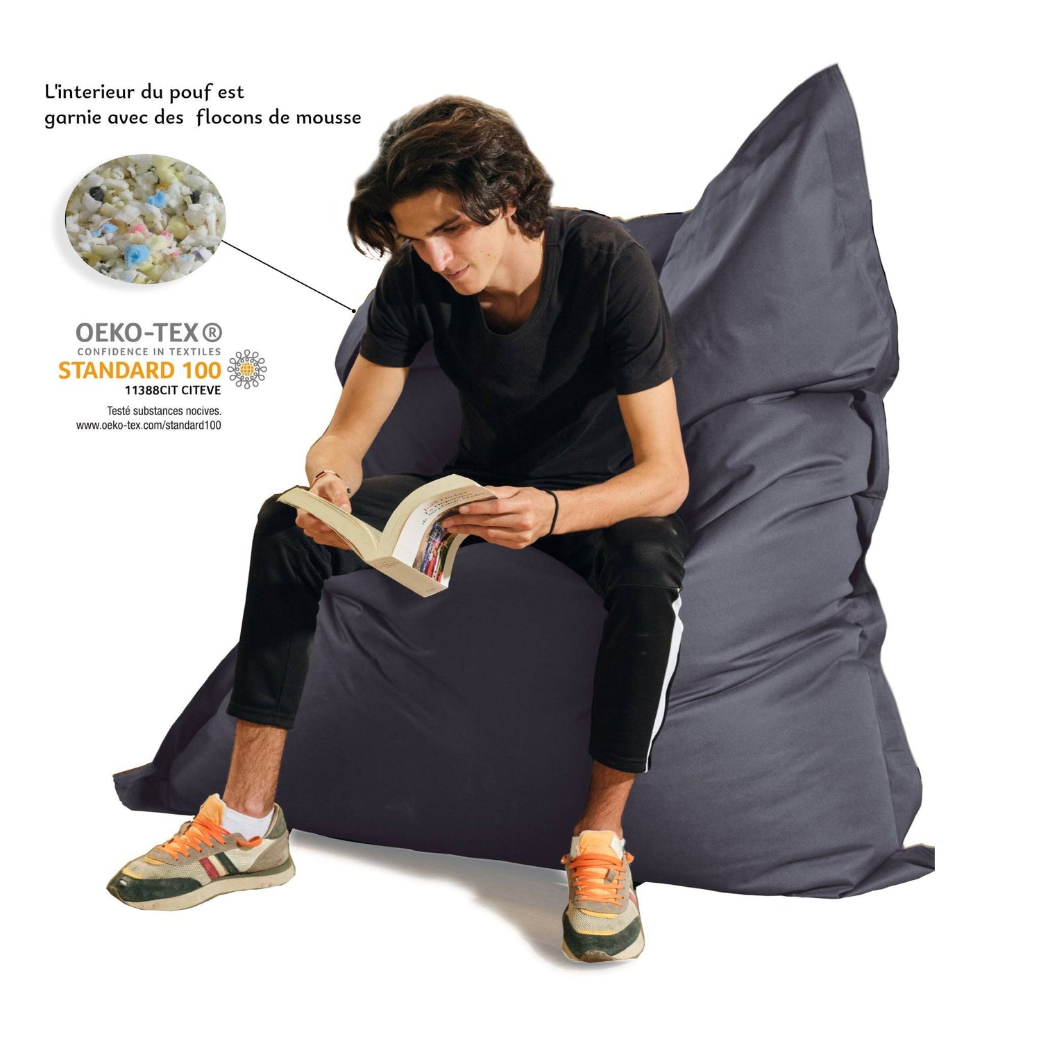 Pouf Géant XXL Intérieur et Extérieur, Déhoussable, Salon, Jardin, Deco Arts Gris carbone - Deco-arts.fr