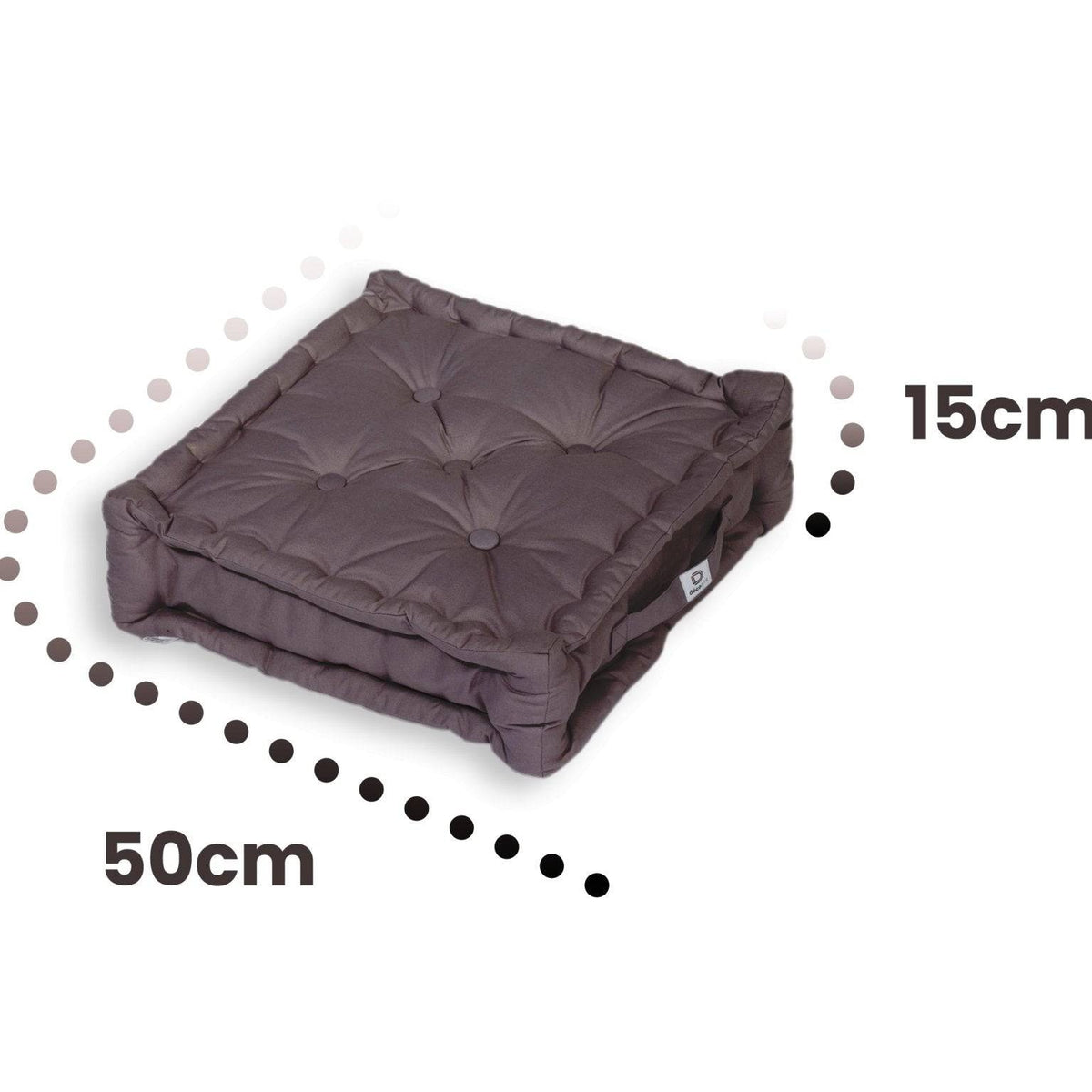 Lote de 2 Cojines de Suelo XL 50x50 Gris Carbón - Grueso 15cm & Asa de Transporte – esquema con medidas