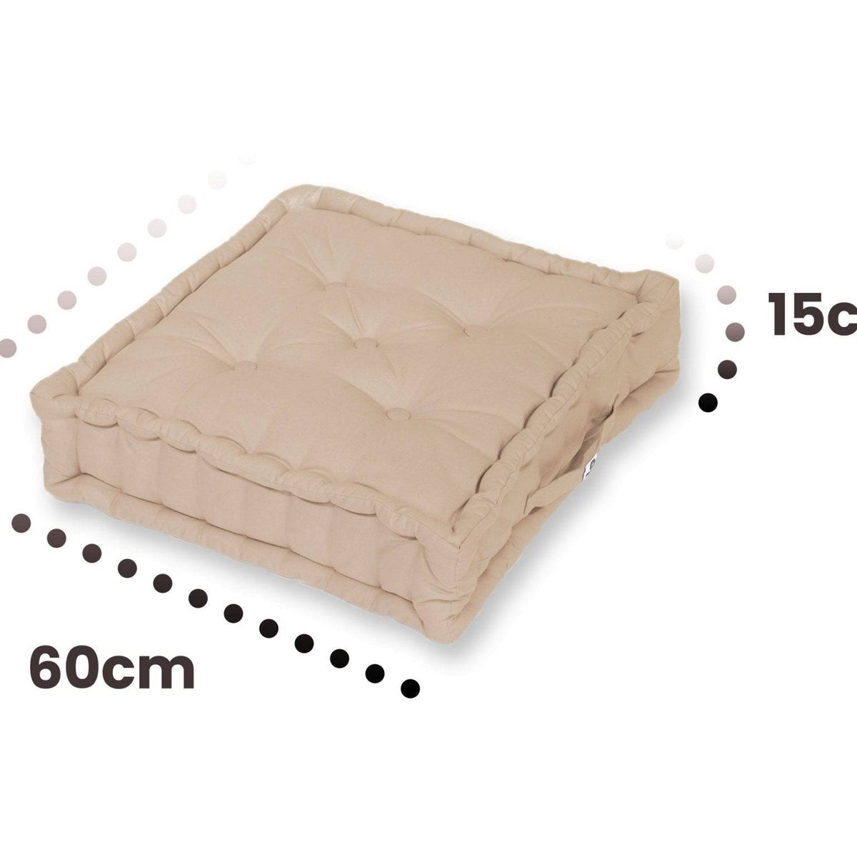 Lote de 2 Cojines de Suelo Gigantes 60x60 Beige Clair - Grueso 15cm & Asa de Transporte – esquema con medidas