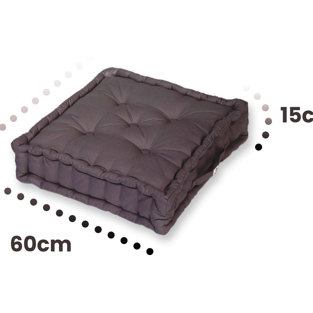 Lote de 2 Cojines de Suelo Gigantes 60x60 Gris Carbón - Grueso 15cm & Asa de Transporte – esquema con medidas