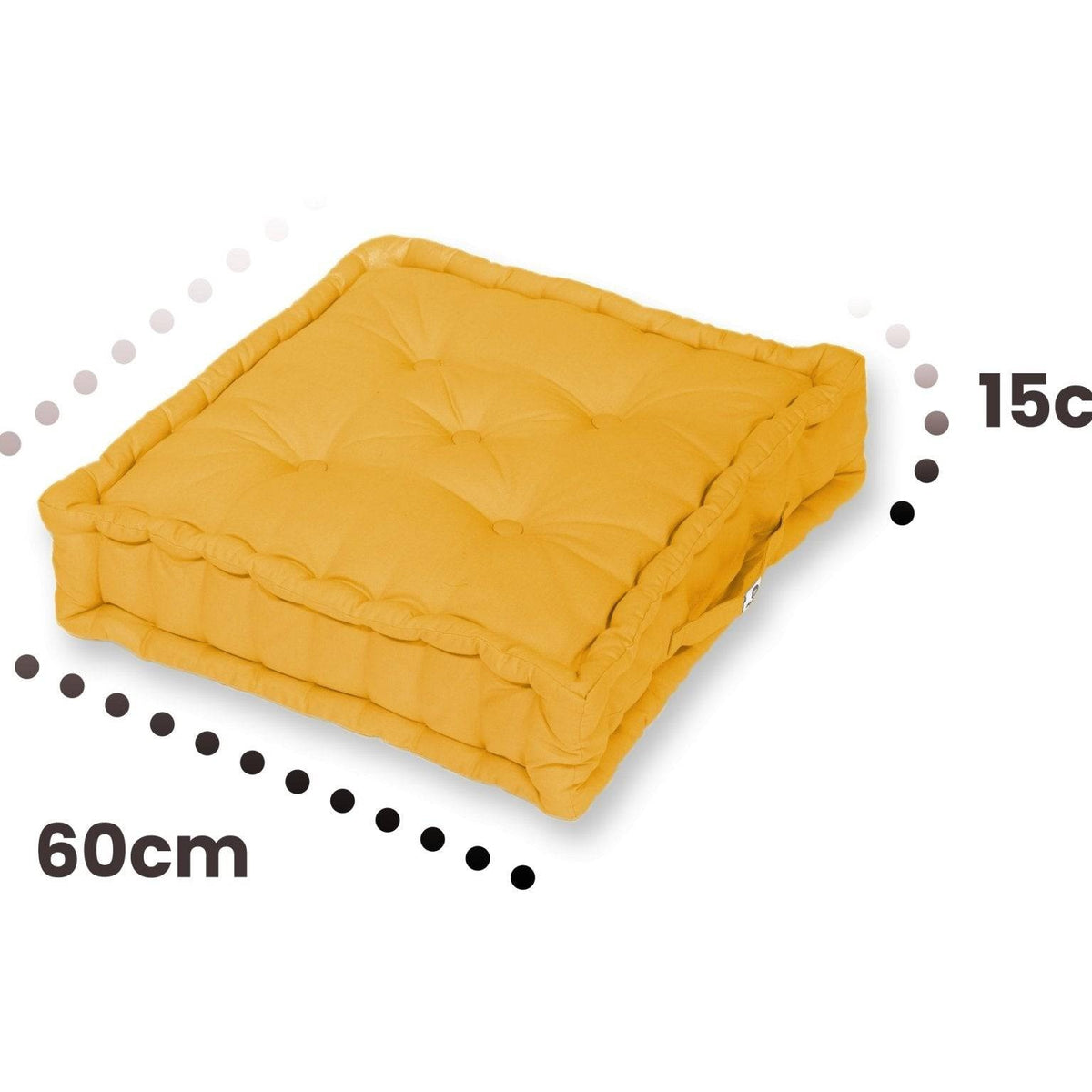 Lote de 2 Cojines de Suelo Gigantes 60x60 Amarillo - Grueso 15cm & Asa de Transporte – esquema con medidas