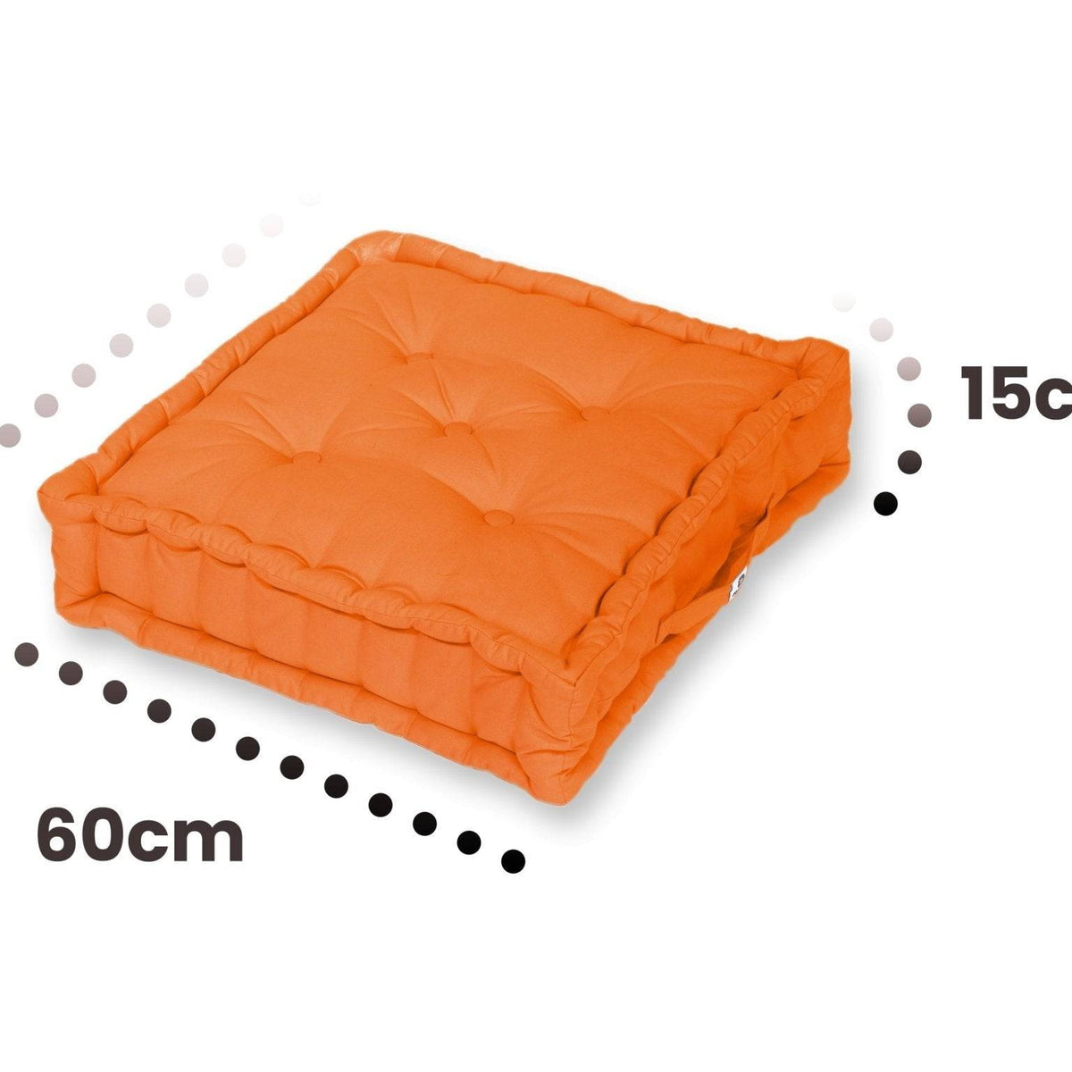 Lote de 2 Cojines de Suelo Gigantes 60x60 Naranja - Grueso 15cm & Asa de Transporte – esquema con medidas