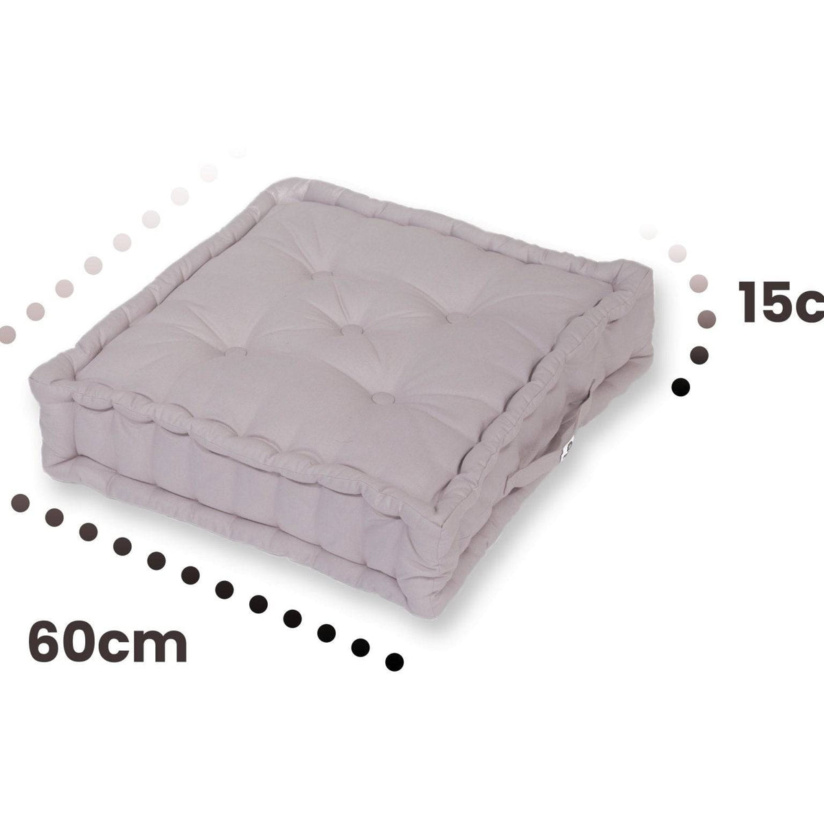 Lote de 2 Cojines de Suelo Gigantes 60x60 Gris Guijarro - Grueso 15cm & Asa de Transporte – esquema con medidas