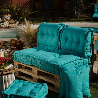 Kit de coussins palette Deco Arts Bleu Caraïbes, assise XXL 120x80cm, épaisse 20cm, pour fauteuils et canapés.