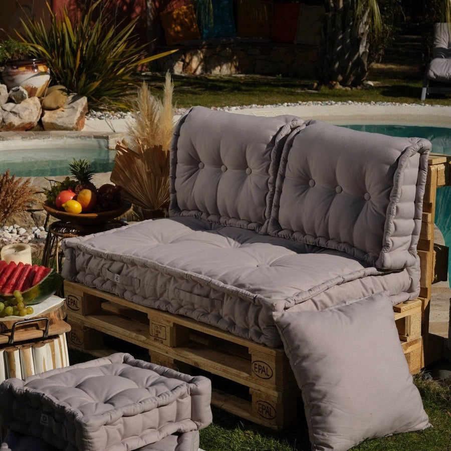Kit de coussins palette Deco Arts gris galet, assise XXL 120x80cm, épaisse de 20cm, pour fauteuils et canapés.