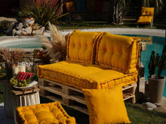 Kit Coussins Palette Europe 120x80 Jaune Miel - Assise XXL Épaisse 20cm (1 Assise + 2 Dossiers)