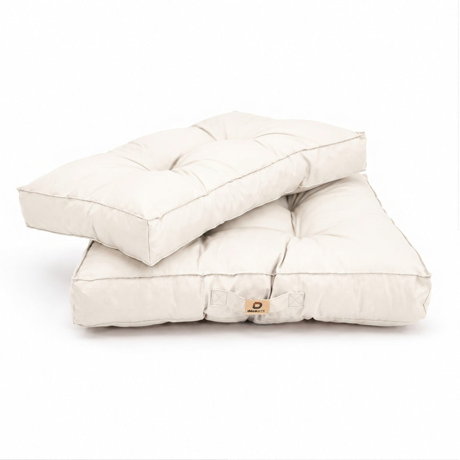 Ensemble coussins capitonné 50x50 Blanc Cassé, coussins empilés avec poignée et étiquette décoArt's