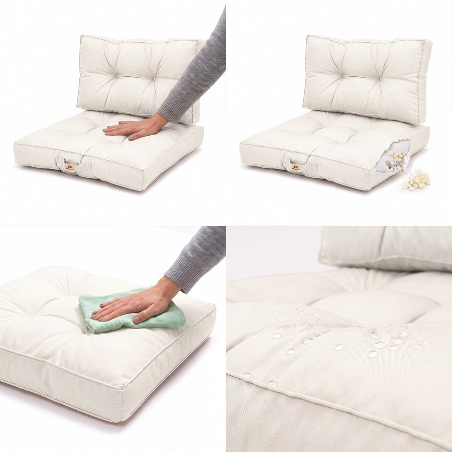 Ensemble coussins capitonné Blanc Cassé : assise moelleuse, garnissage, nettoyage facile et tissu déperlant