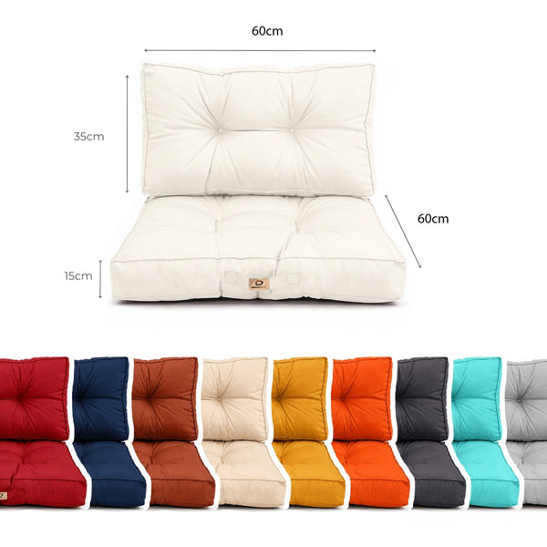Dimensions : assise 60 x 60 cm, dossier 60 x 35 cm, épaisseur 15 cm, avec les coloris disponibles
