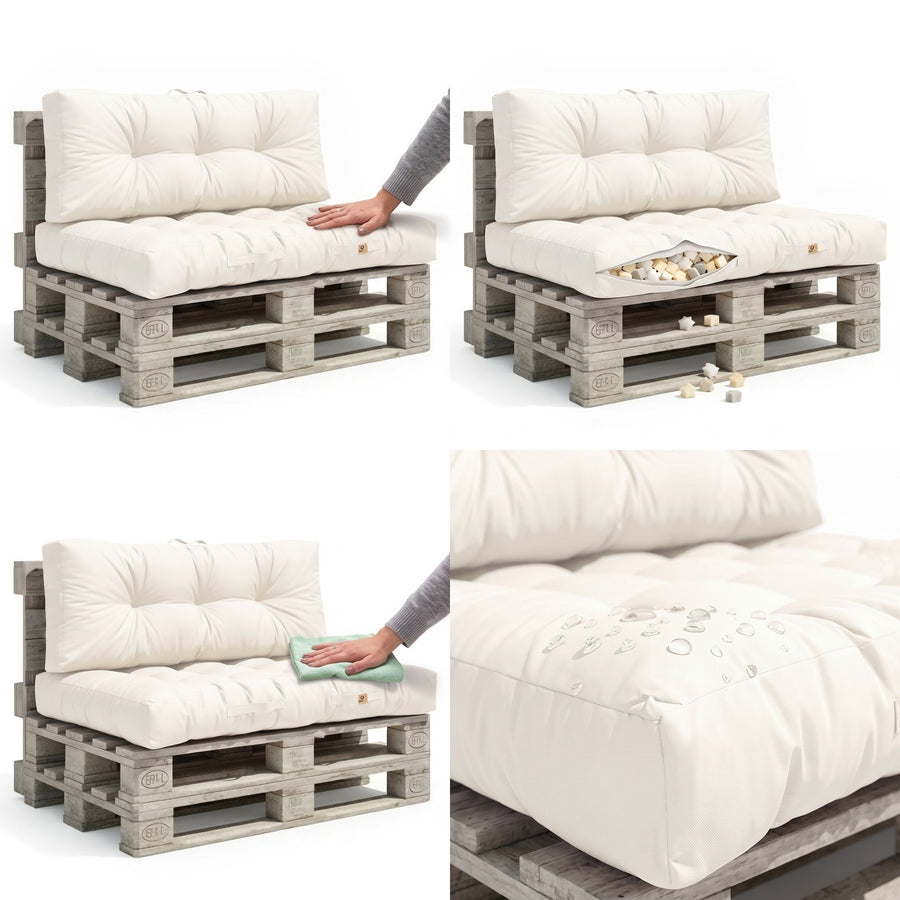 Ensemble coussins palette Blanc Cassé : assise moelleuse, garnissage, nettoyage facile et tissu déperlant
