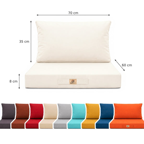 Dimensions : assise 70 x 60 cm, épaisseur 8 cm, dossier 70 x 35 cm
