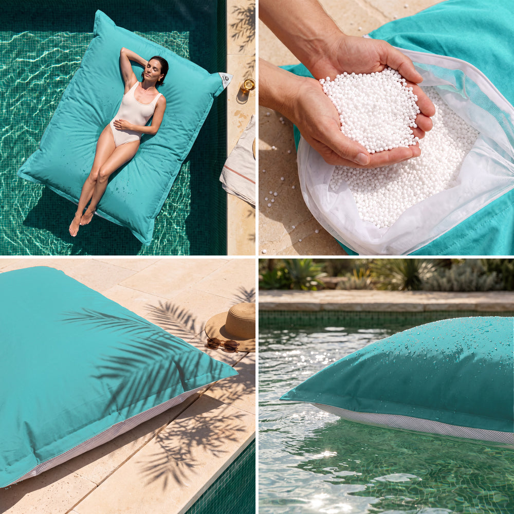 Solo funda, para rellenar – Puf gigante flotante Azul Caribe: comodidad, perlas de poliestireno, tejido anti-UV y flotabilidad