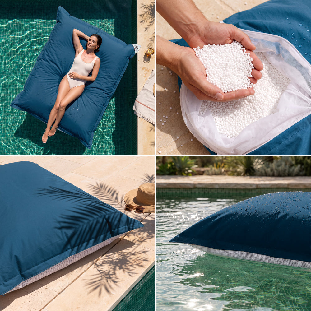 Solo funda, para rellenar – Puf gigante flotante Azul Petróleo: comodidad, perlas de poliestireno, tejido anti-UV y flotabilidad