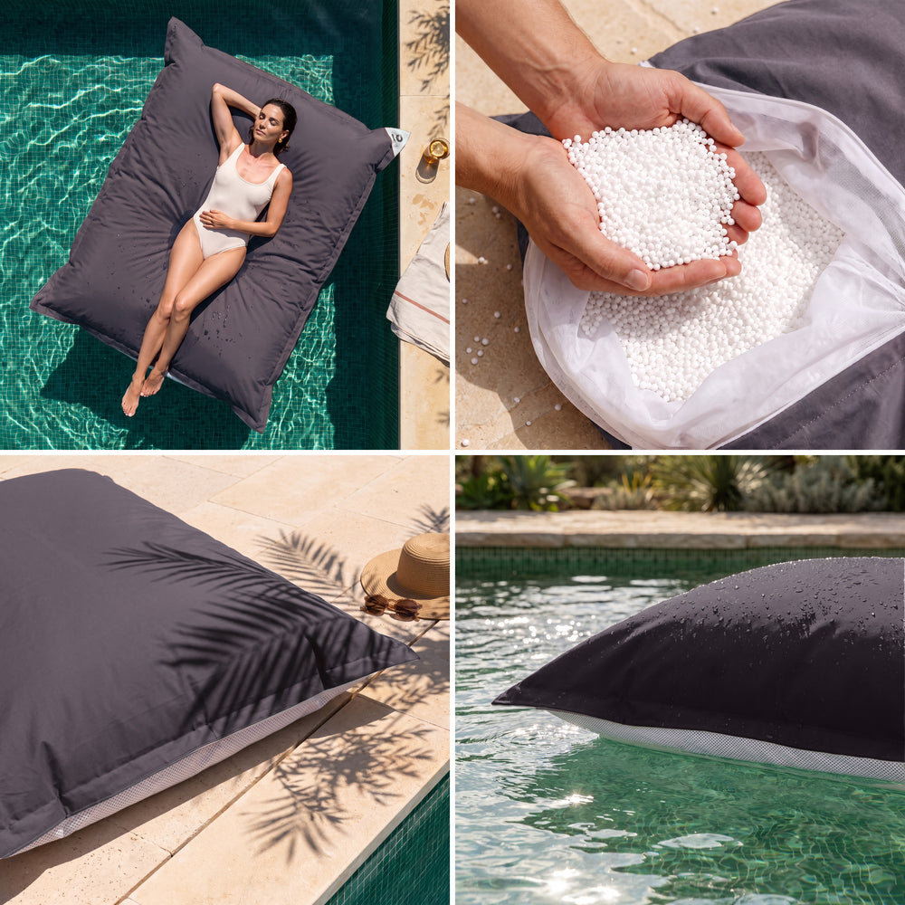 Solo funda, para rellenar – Puf gigante flotante Gris Carbón: comodidad, perlas de poliestireno, tejido anti-UV y flotabilidad