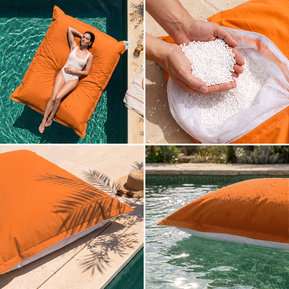 Solo funda, para rellenar – Puf gigante flotante Naranja: comodidad, perlas de poliestireno, tejido anti-UV y flotabilidad