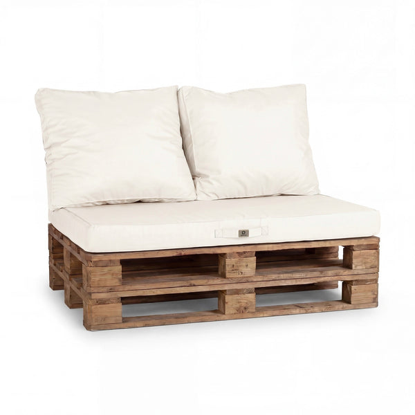 Kit coussins palette 120x80 Blanc Cassé, 1 assise et 2 dossiers sur un salon de palettes en bois