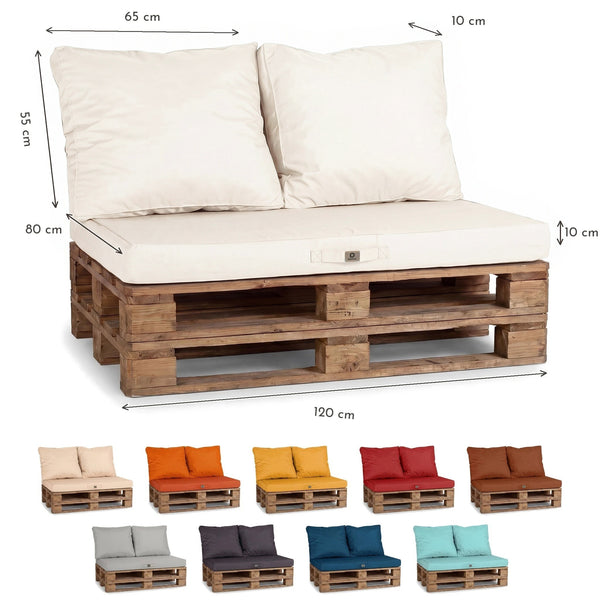 Dimensions du kit coussins palette : assise 120 x 80 cm, 2 dossiers 65 x 55 cm, épaisseur 10 cm, avec les coloris disponibles