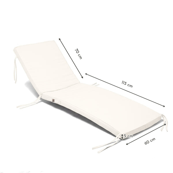 Dimensions du matelas bain de soleil : 185 x 60 cm (dossier 70 cm, assise 115 cm), épaisseur 5 cm