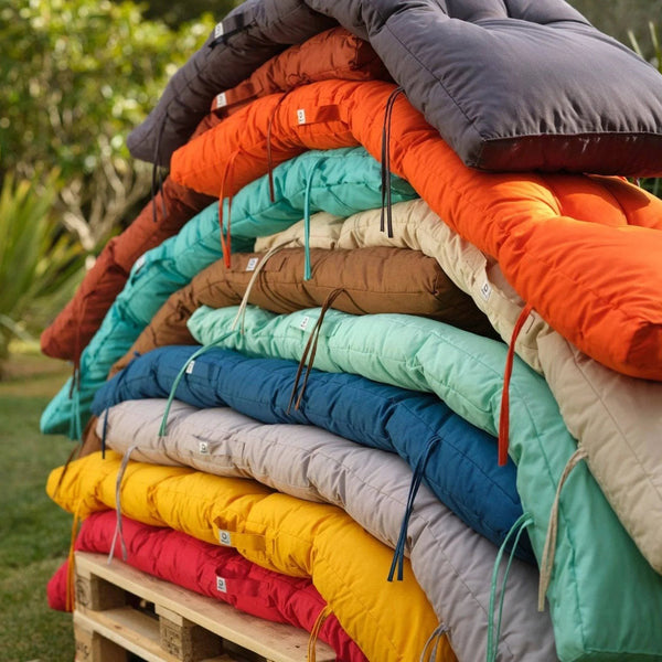Matelas bain de soleil empilés dans les différents coloris de la gamme