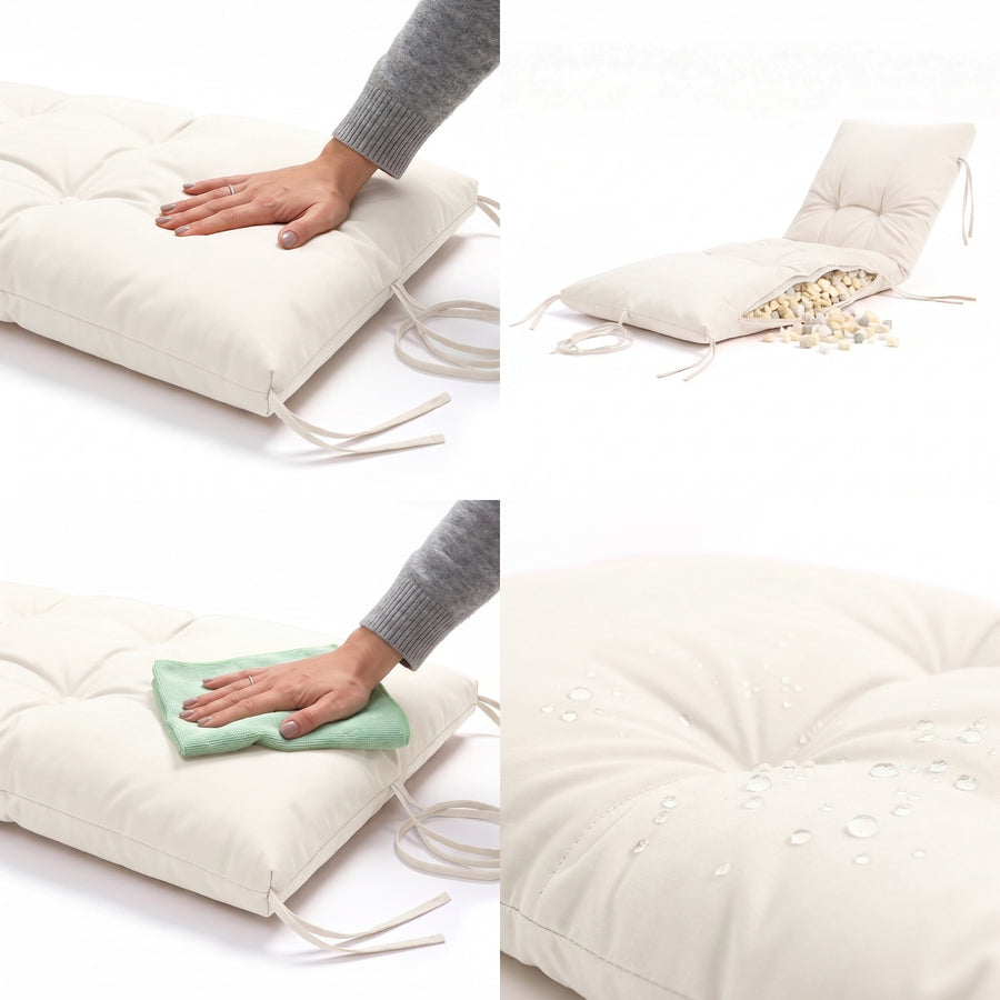 Matelas bain de soleil Blanc Cassé : assise moelleuse, garnissage, nettoyage facile et tissu déperlant