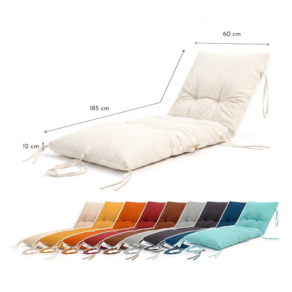 Dimensions du matelas bain de soleil : 185 x 60 cm, épaisseur 12 cm, avec les coloris disponibles