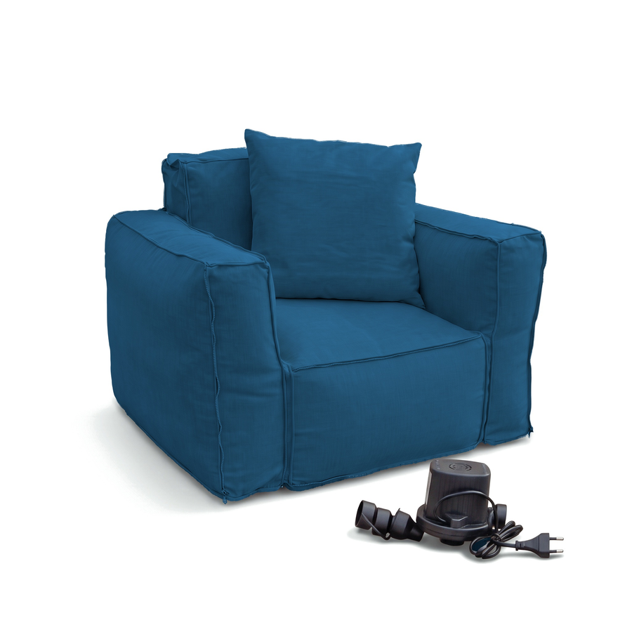 Sillón modular Azul Petróleo entregado con cojín decorativo y bomba eléctrica