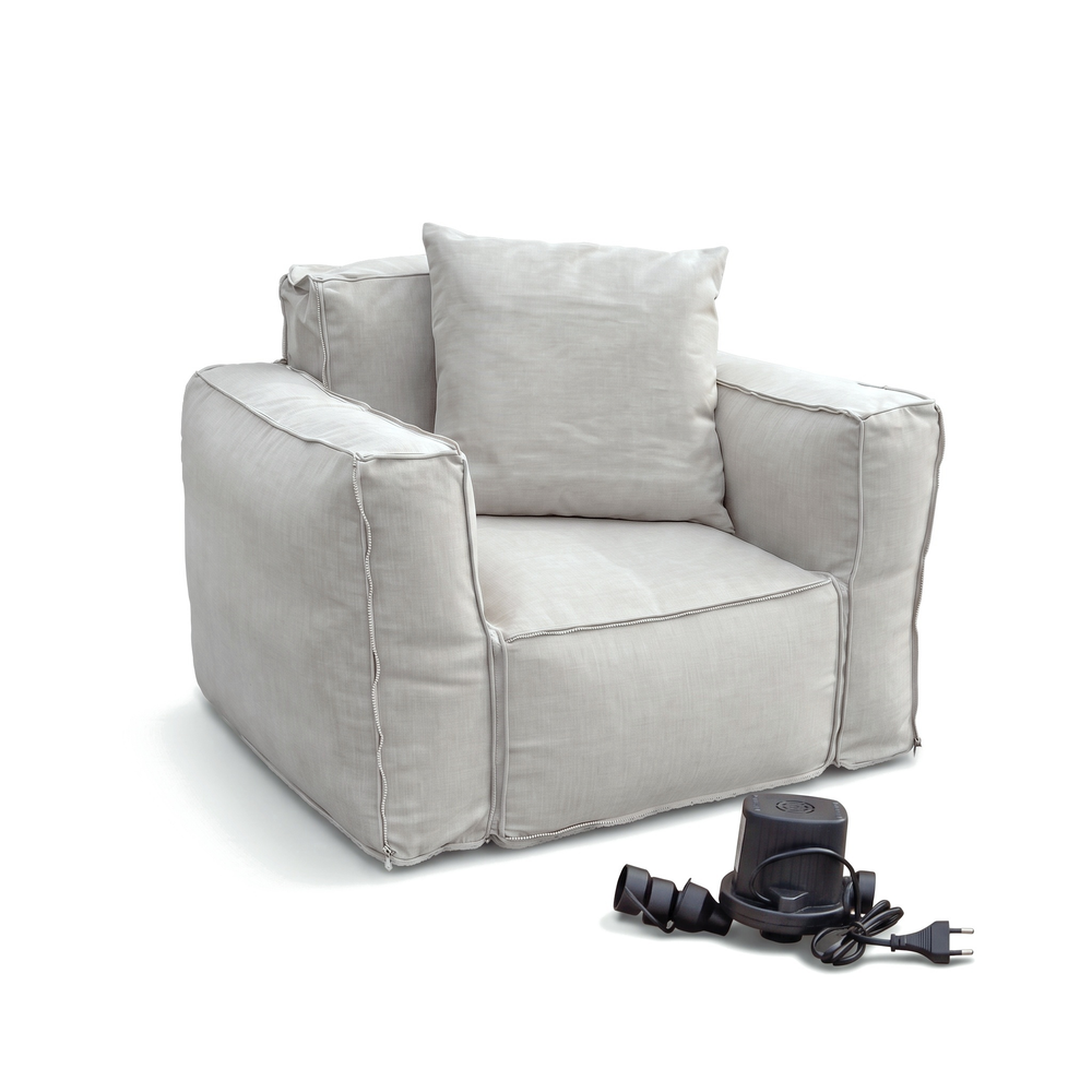 Sillón modular Gris Guijarro entregado con cojín decorativo y bomba eléctrica